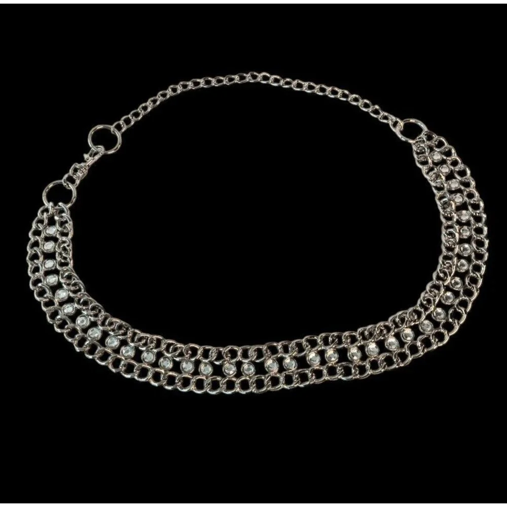 Silver Metal & Rhinestone Chain Link Belt  Adjustable Size Medium 38